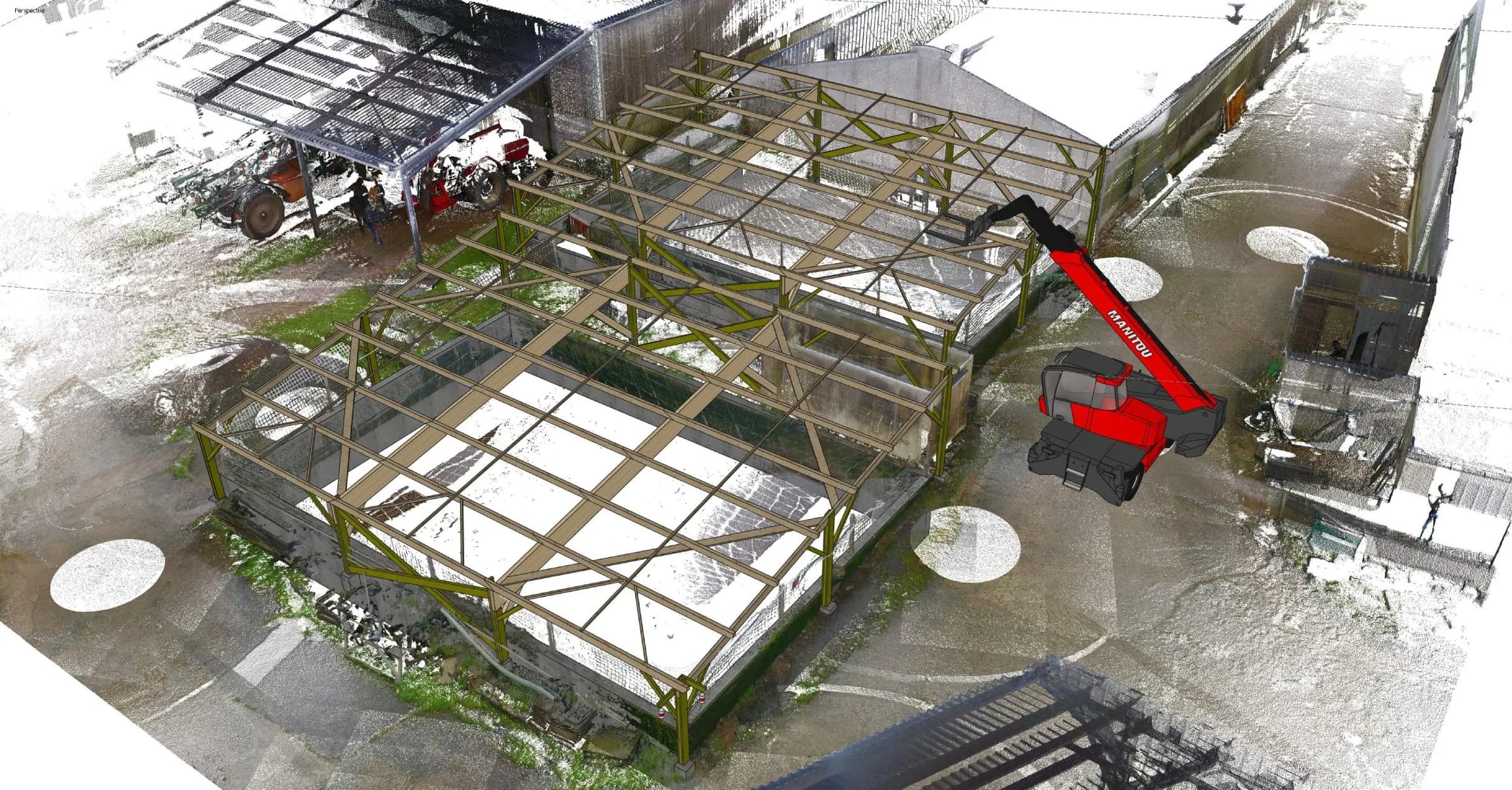 Relevé 3D d'un bâtiment agricole avant travaux de charpente dans le Finistère