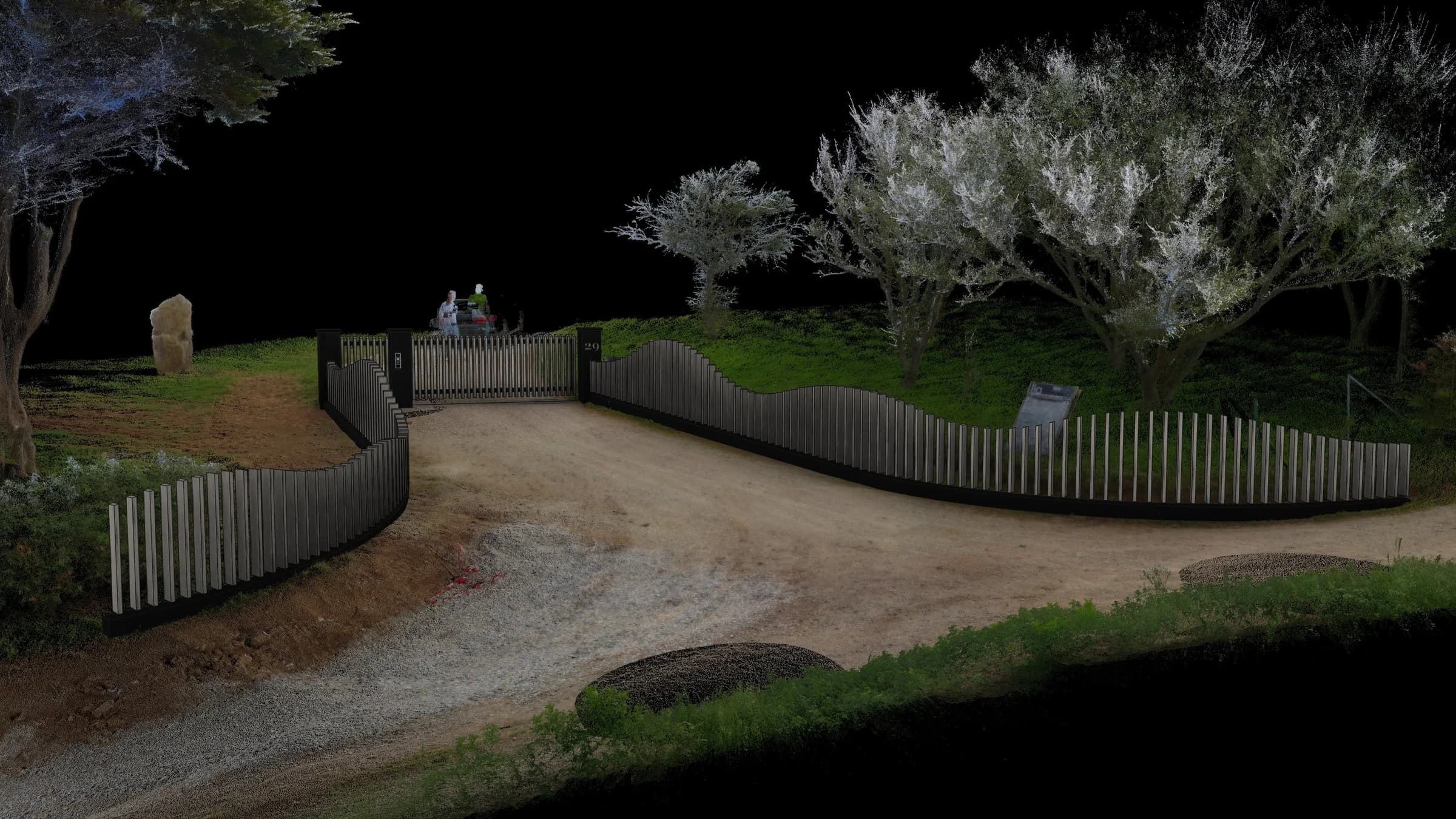Intégration paysagère d'un portail et d'une clôture cintrée en châtaignier grisé, modélisés en 3D dans le nuage de points d'un jardin en bord de mer