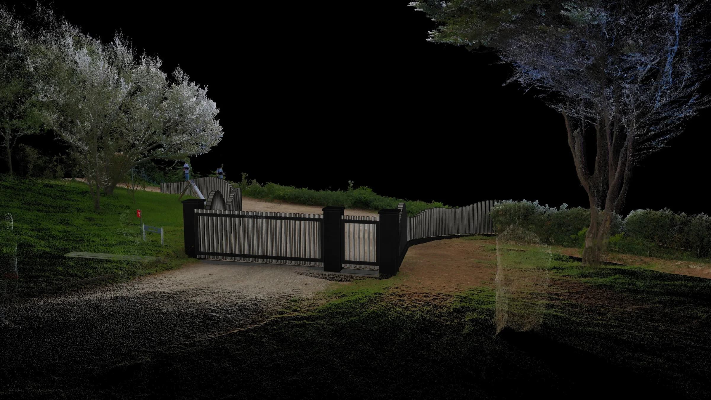 Vue de face d'un portail et d'une clôture cintrée en châtaignier grisé, intégrés en 3D dans le nuage de points du jardin et du sentier côtier