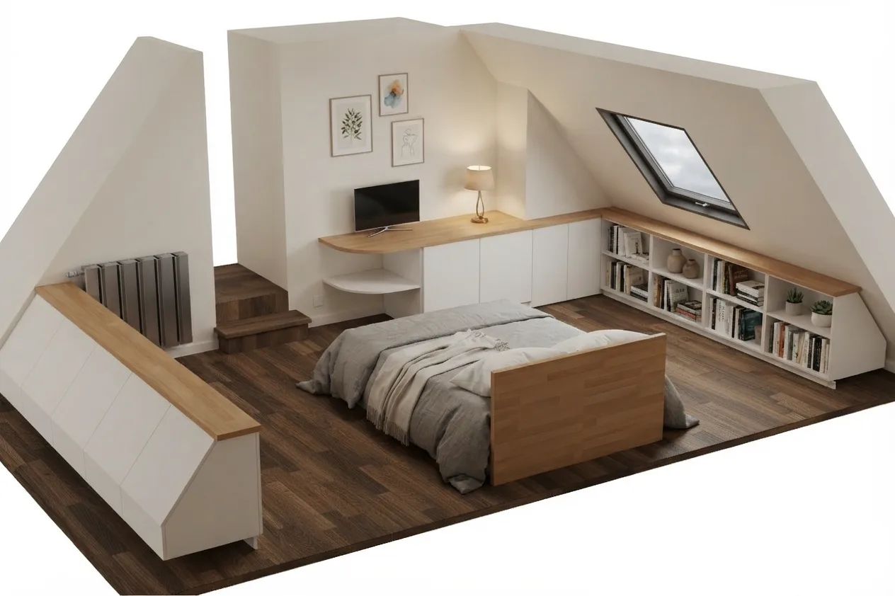 Rendu 3D photoréaliste d'une chambre sous rampants agencée : bureau, placards blancs, bibliothèque basse et coffres sous la pente du toit, plateaux en bois