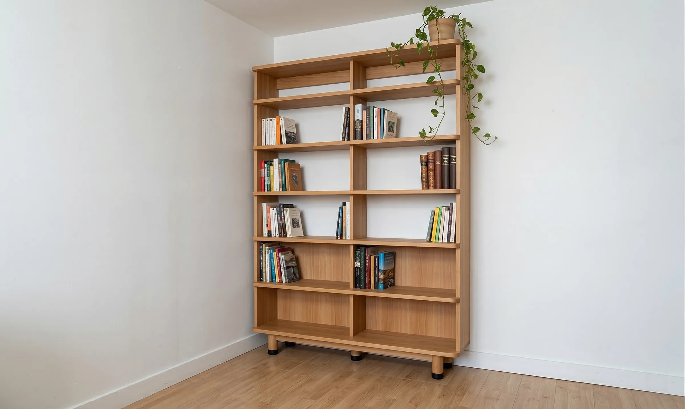 Rendu 3D photoréaliste d'une bibliothèque en hêtre massif sur pieds, contre un mur blanc