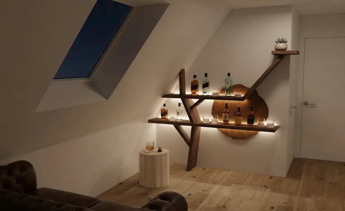 Rendu 3D photoréaliste de nuit d'une étagère à spiritueux en bois en forme de branches, rétroéclairée, sous un rampant de toiture