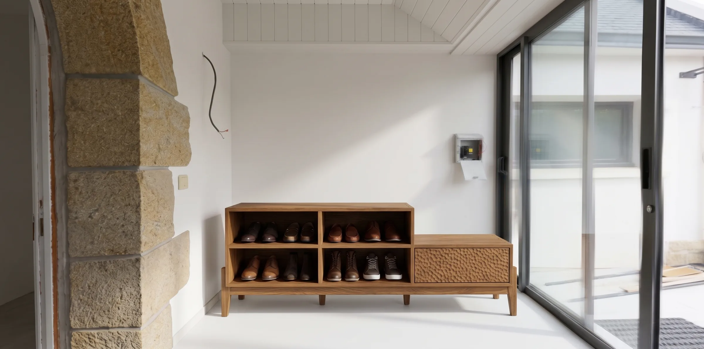 Rendu 3D photoréaliste d'un meuble d'entrée range-chaussures en bois avec façade sculptée, à côté d'un mur en pierre