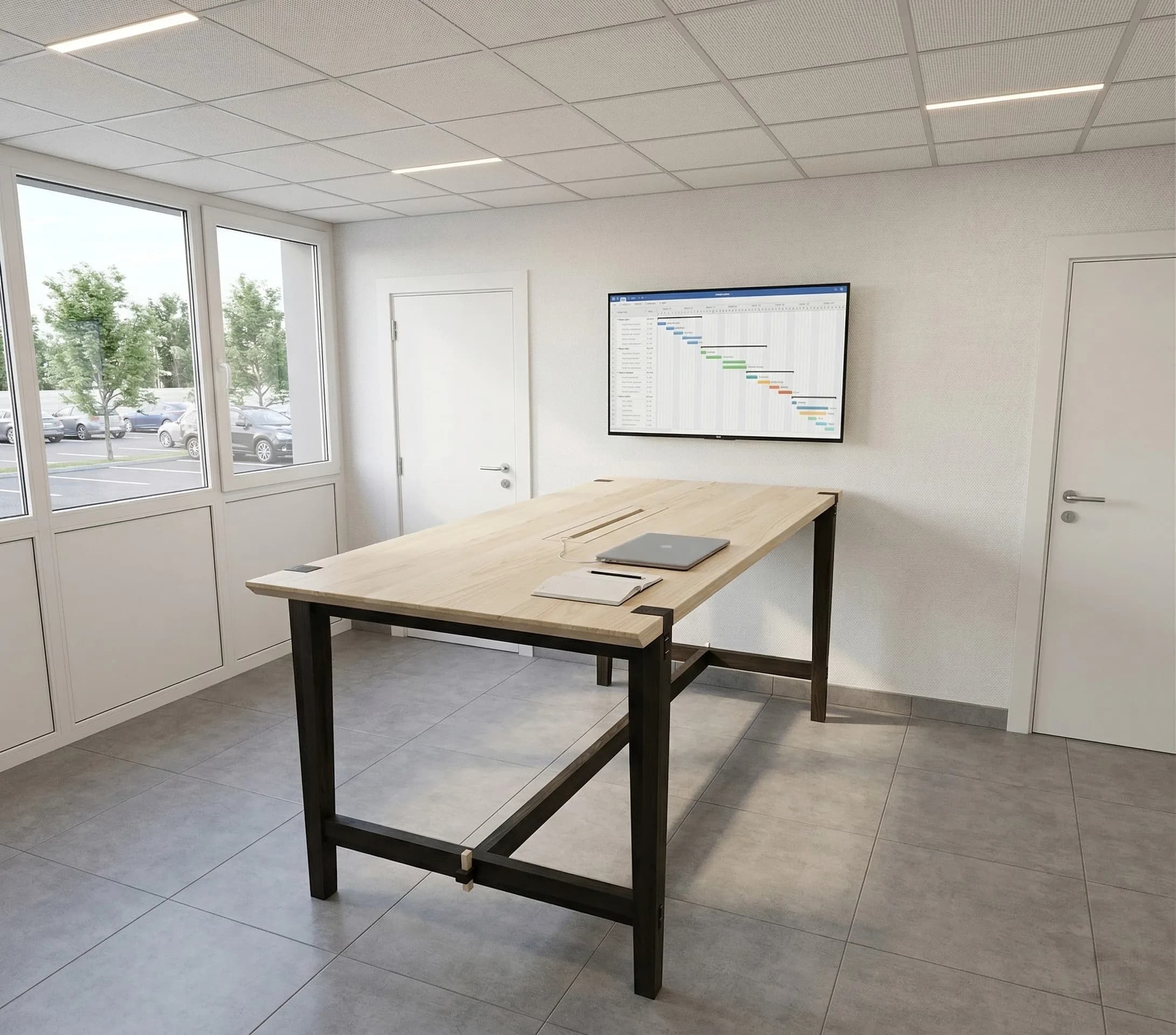 Rendu 3D photoréaliste d'une table de réunion, plateau en frêne et piètement en châtaignier ébonisé, dans une salle de réunion