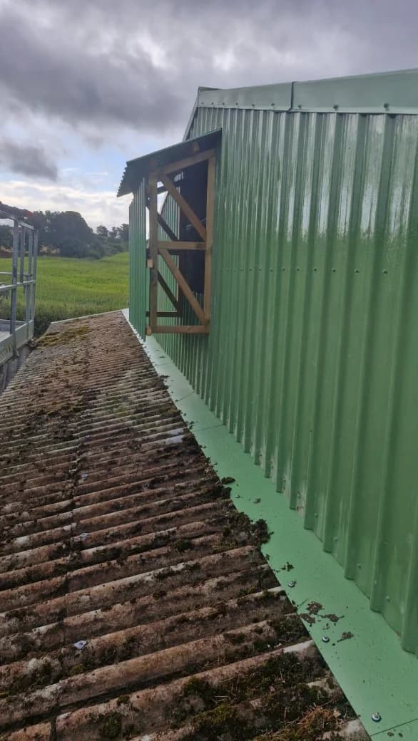 Bardage vert neuf autour d'une entrée d'air à cadre en bois, sur une porcherie après rénovation