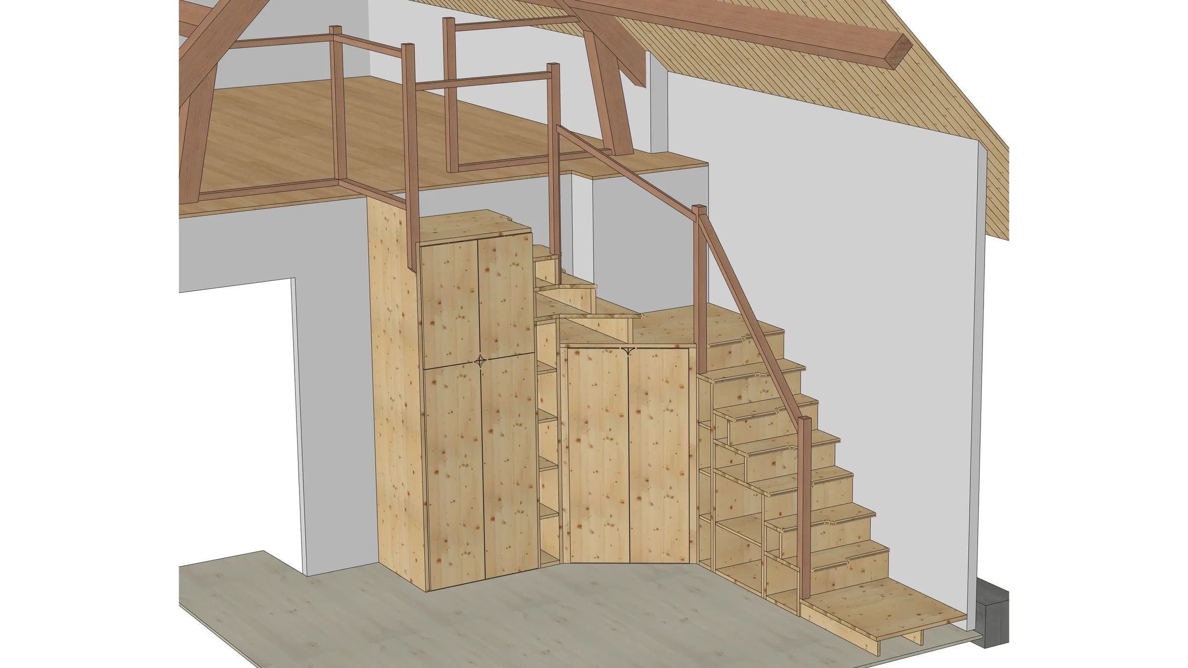 Modélisation 3D d'un escalier bloc en 3 plis épicéa avec placards et niches de rangement intégrés, sous une mezzanine et une charpente apparente