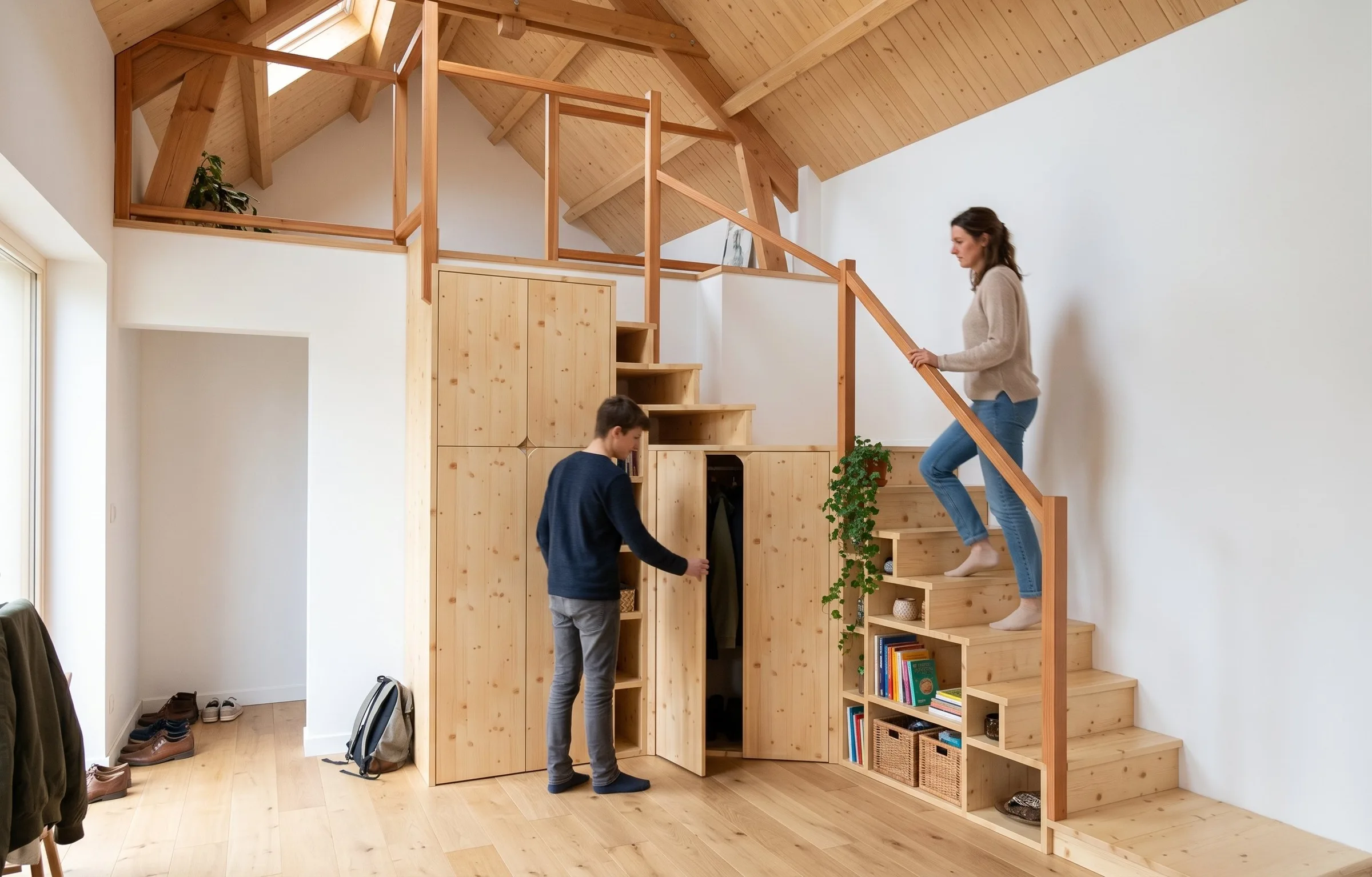 Rendu photoréaliste d'un escalier bloc en 3 plis épicéa avec placards et niches de rangement intégrés, sous une charpente apparente