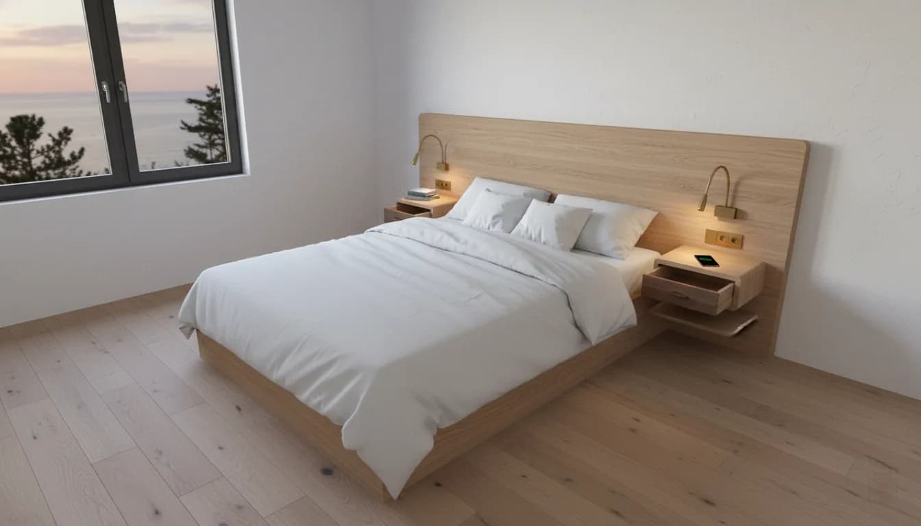 Rendu 3D photoréaliste d'une chambre avec tête de lit en chêne et chevets suspendus, face à une fenêtre donnant sur la mer