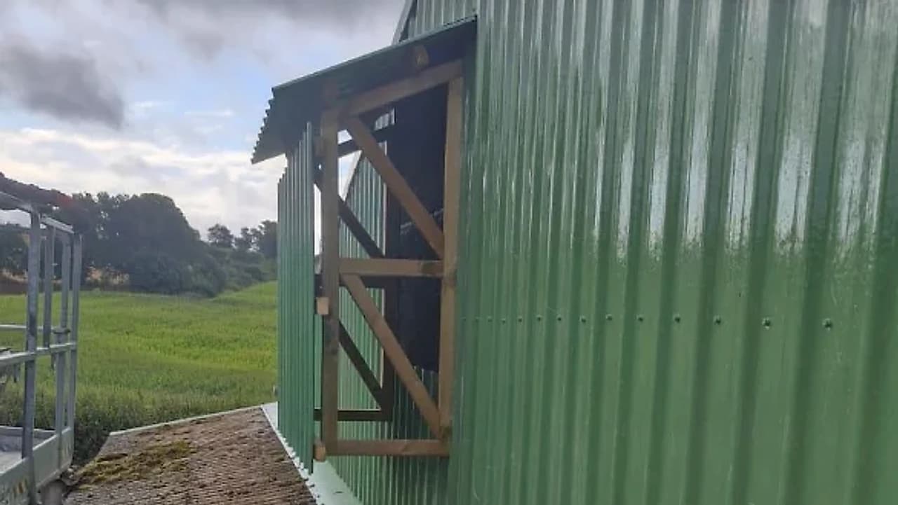 Bardage vert neuf autour d'une entrée d'air à cadre en bois, sur une porcherie après rénovation